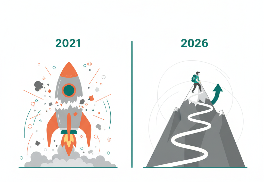 A visual comparison of the risky growth of 2021 versus the sustainable startup funding trends of 2026.