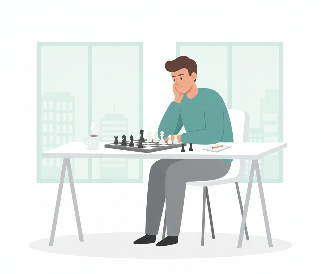 A founder contemplating their next move over a chessboard, symbolizing a thoughtful startup pricing strategy.