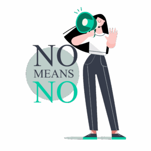 An illustration of a woman using a megaphone to assertively communicate ‘NO’, symbolizing her prioritization and determination to focus on her startup goals.