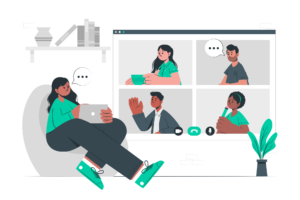 An illustration of a remote team conducting a virtual meeting, with each member actively engaged in a collaborative discussion through their individual digital windows, highlighted by a serene color palette of greens, grays, and whites.