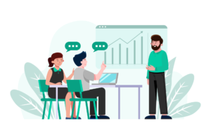 A startup mentorship session in progress. Three individuals are engaged in a discussion, two of whom are seated with laptops open, while one stands by a presentation screen displaying a growth chart. Their conversation is represented by speech bubbles, indicating an active exchange of ideas. The setting is minimalist, with a touch of greenery in the backdrop.